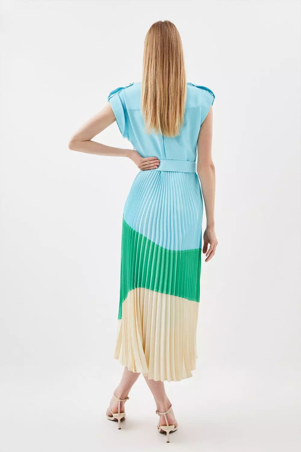 Beige colour block 2024 pleated midi dress